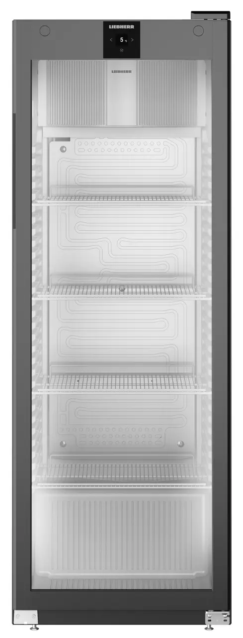 Hoher, dunkelgrauer Kühlschrank mit Glastür, die Regale und Innenraum zeigt.