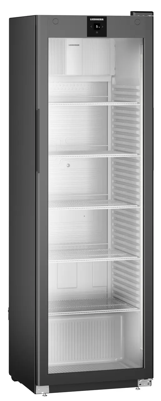 Schwarzer Kühlschrank mit Glastür, zeigt Regale.