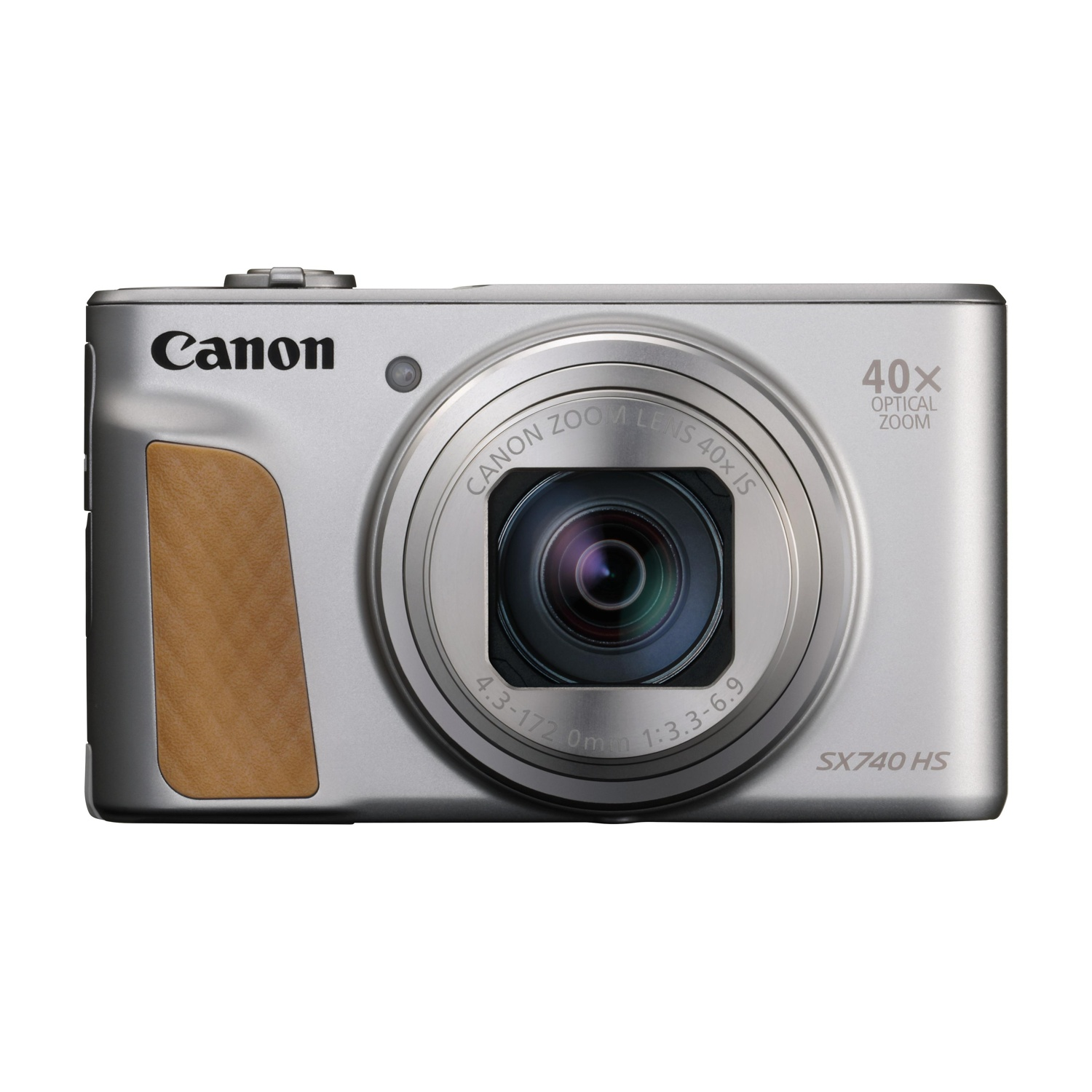 Una fotocamera Canon argentata con impugnatura in pelle marrone, obiettivo zoom.