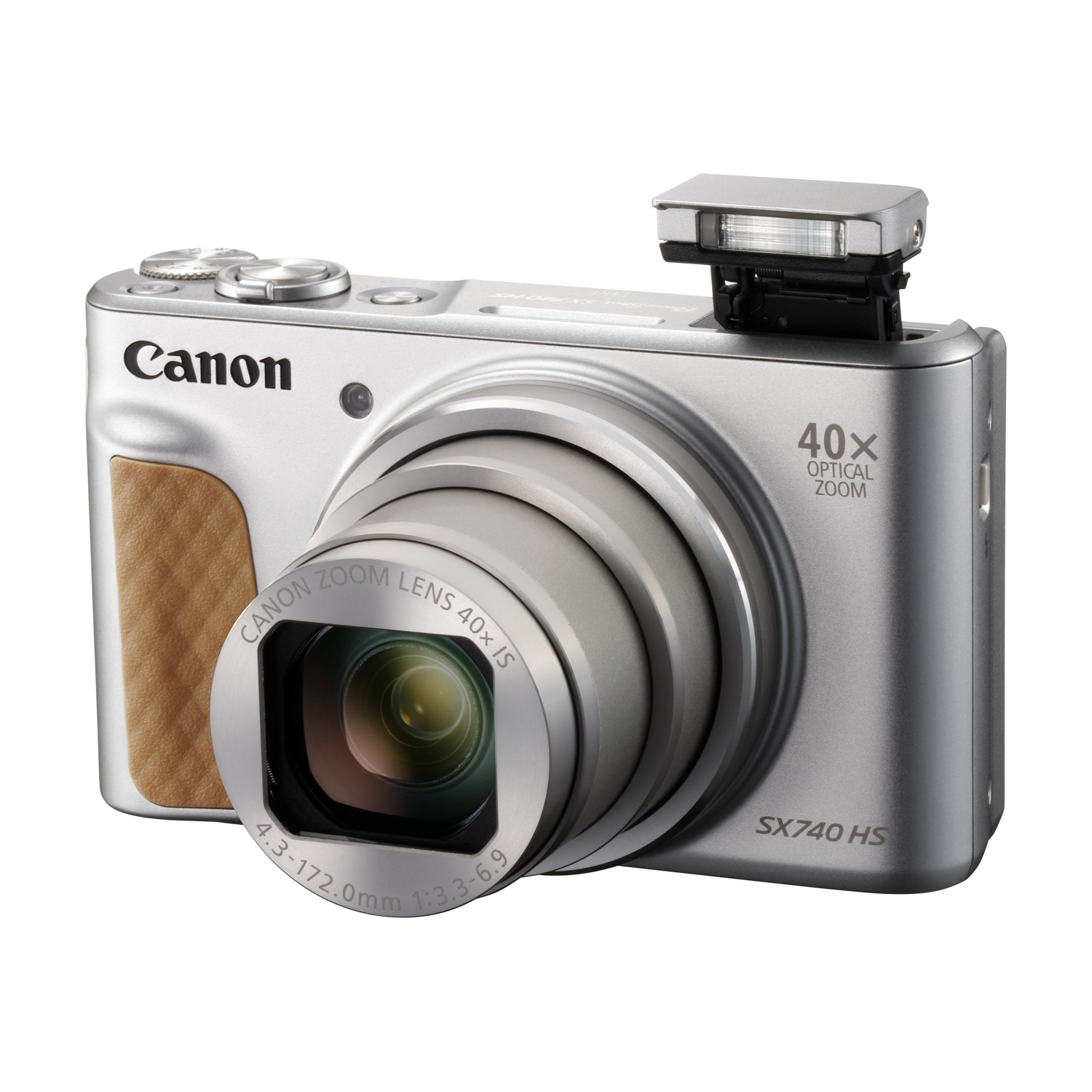 Fotocamera Canon argentata con impugnatura marrone. Ha un obiettivo e un flash in alto. Testo SX740 HS visibile.