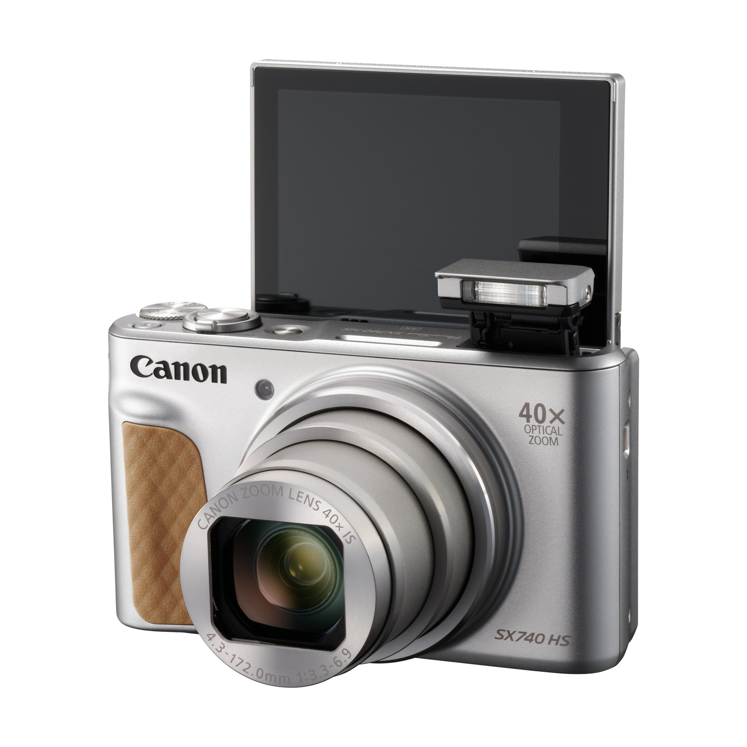 Fotocamera Canon argentata con impugnatura marrone, schermo aperto e obiettivo zoom ottico 40x.