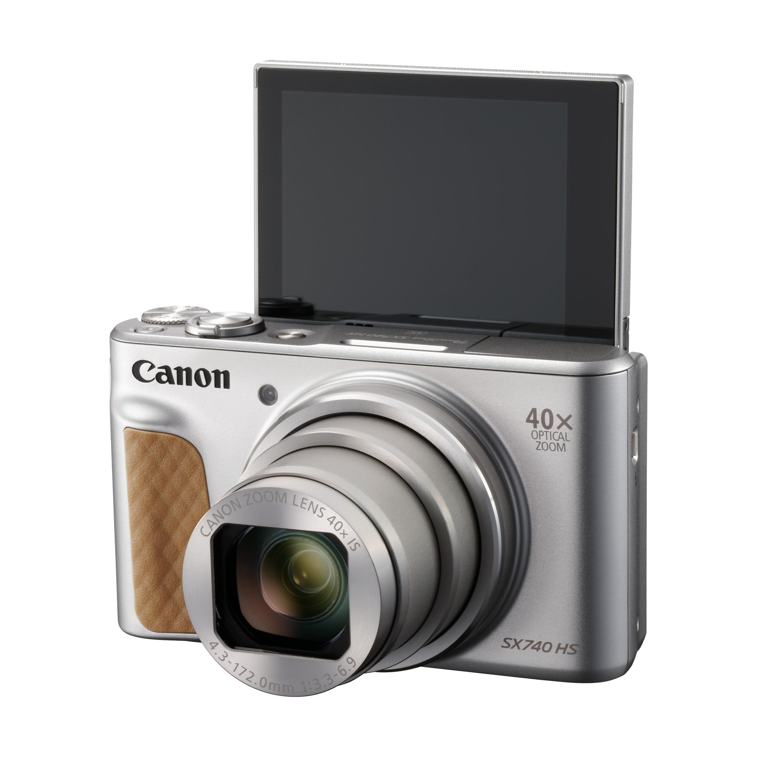 Fotocamera Canon argentata con impugnatura marrone e schermo ribaltato.