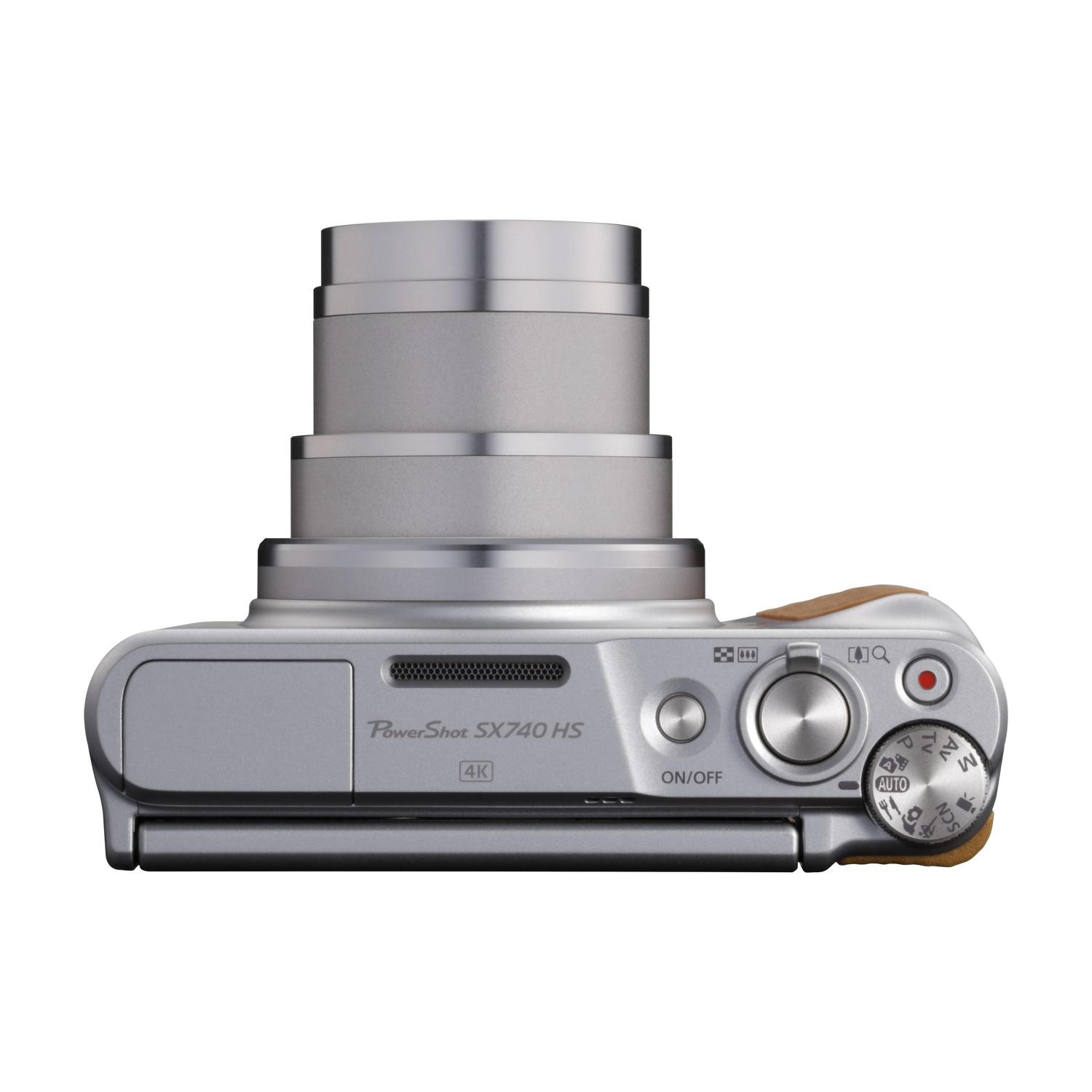 Fotocamera Canon Powershot SX740 HS argentata vista dall'alto. L'obiettivo è alto, i pulsanti visibili.