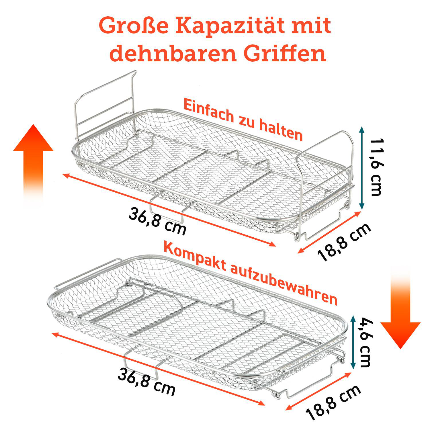 Zwei Metallkörbe mit Griffen. Abmessungen sind an den Seiten angegeben. Pfeile zeigen die Richtungen.