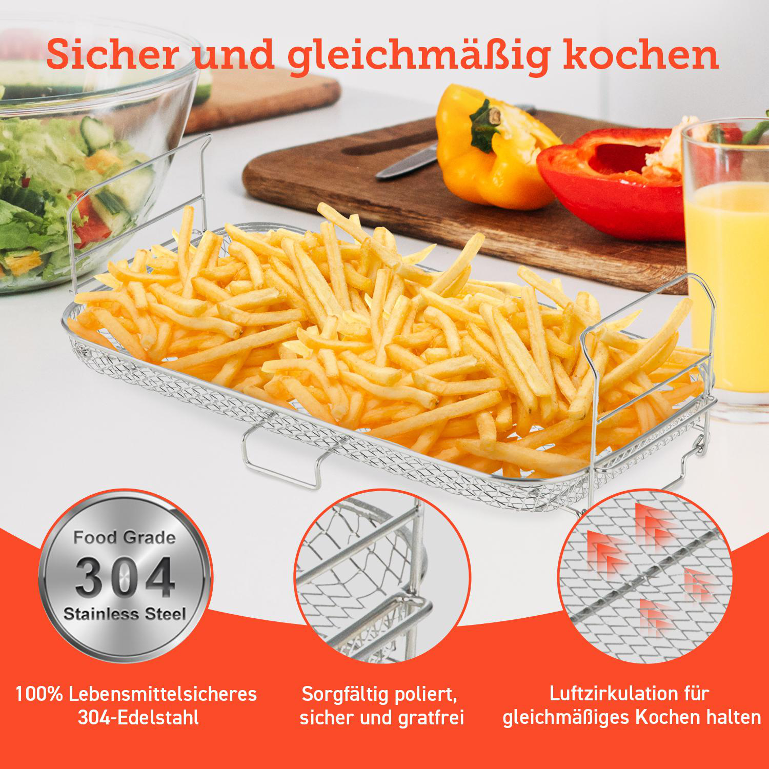 Ein Metallkorb mit Pommes Frites und Details: 304 Edelstahl, Luftzirkulation und poliert.