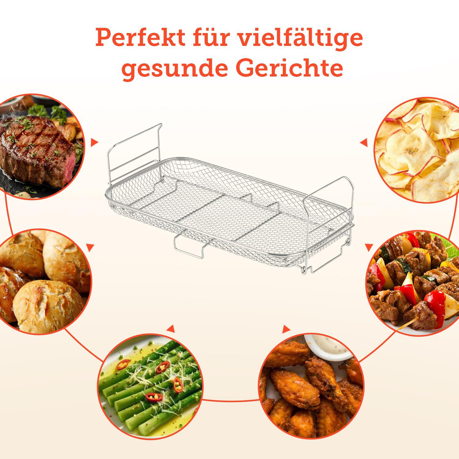 Ein Airfryer-Korb mit verschiedenen Lebensmitteln: Steak, Brötchen, Pommes, Kebabs usw.
