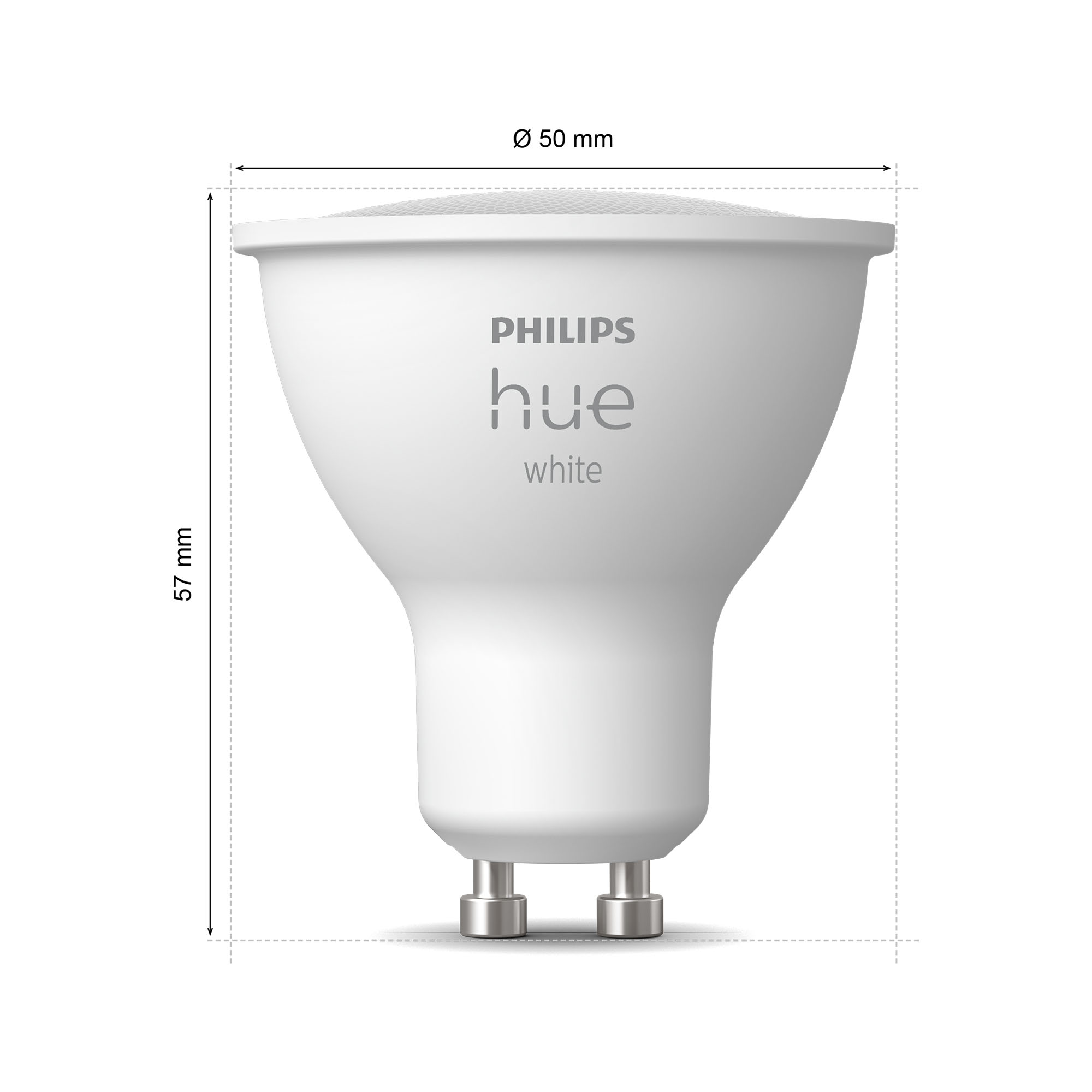 Weiße Philips Hue-Glühbirne mit Maßen. Zeigt die Abmessungen der Glühbirne: 50 mm Durchmesser, 57 mm Höhe.
