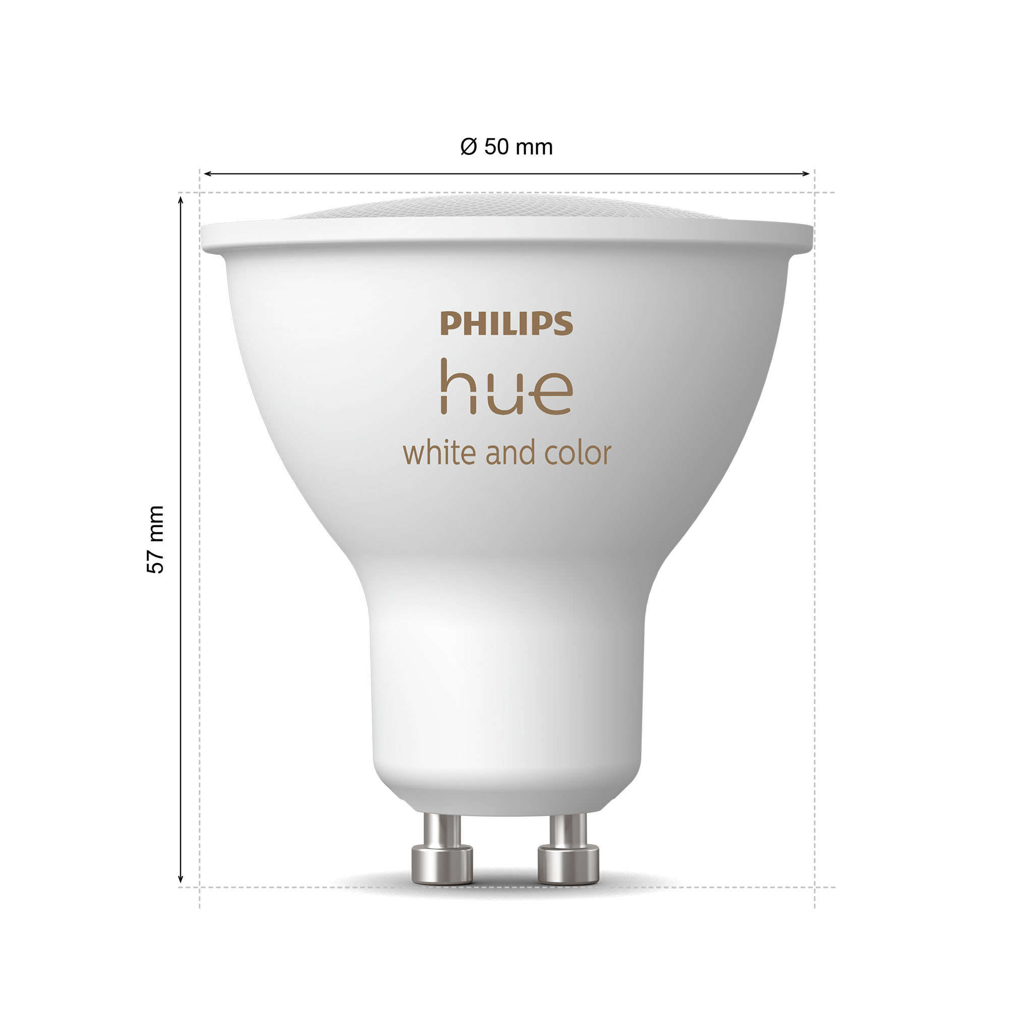 Weiße Philips Hue Glühbirne mit beschrifteten Abmessungen. Text 'Philips Hue' ist sichtbar.
