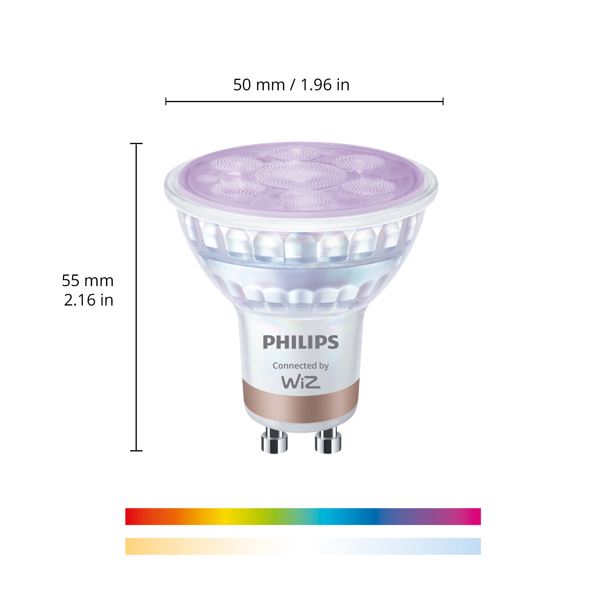 Philips LED-Glühbirne, weiß und rosa. Abmessungen und Farbspektrum sind ebenfalls dargestellt.