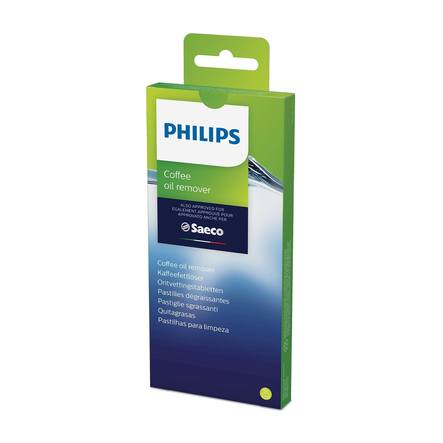 Una scatola verde e bianca di rimuovi olio per caffè Philips. Testo: Rimuovi olio per caffè e logo Saeco.