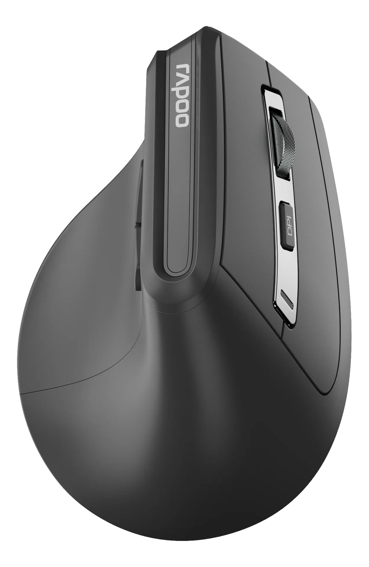 Schwarze Computermaus, ergonomisches Design, mit Rapoo-Logo. Seitentasten und Scrollrad sichtbar.