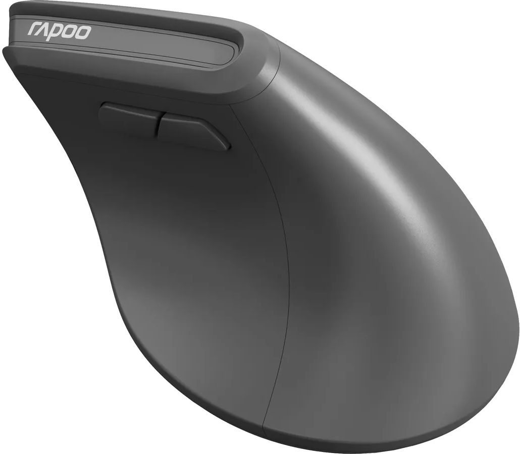 Graue ergonomische Computermaus mit zwei Tasten und Markenname oben.
