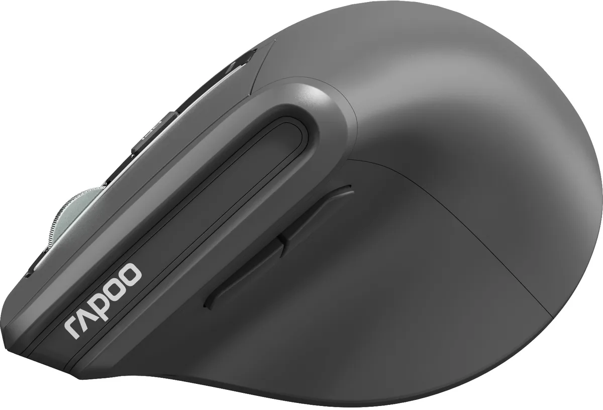 Eine dunkelgraue Computermaus mit dem Rapoo-Logo an der Seite.