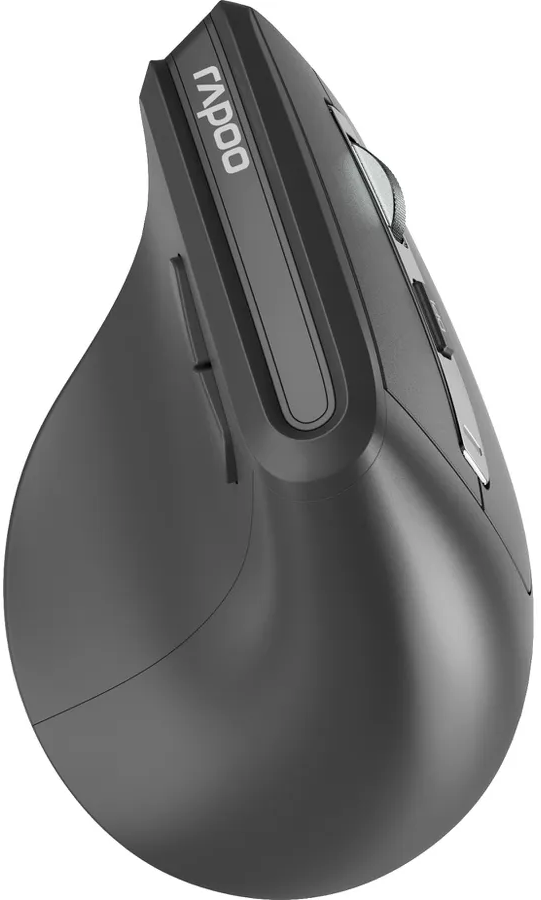 Nahaufnahme einer schwarzen ergonomischen Computermaus.