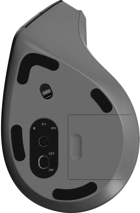 Unteransicht einer dunkelgrauen ergonomischen Maus mit Tasten und Ladeanschluss.
