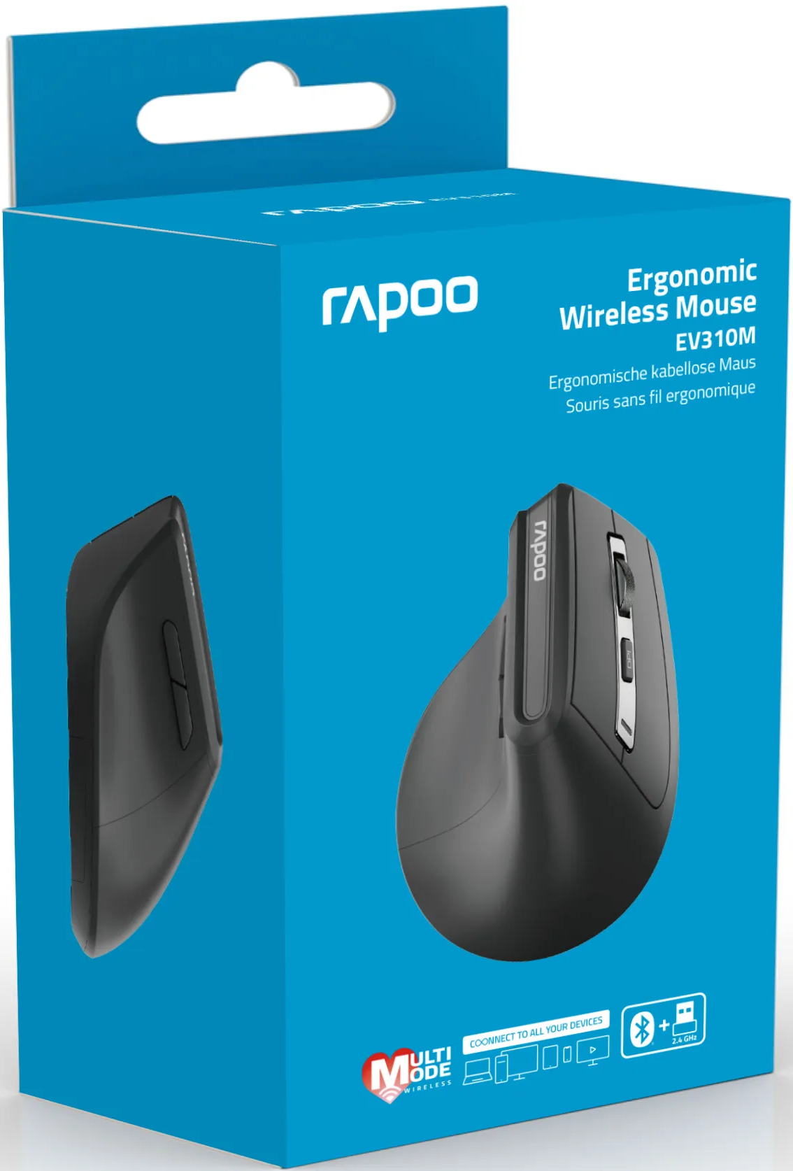 Schachtel mit ergonomischer, kabelloser Maus. Sie ist schwarz und hat ein geschwungenes Design.