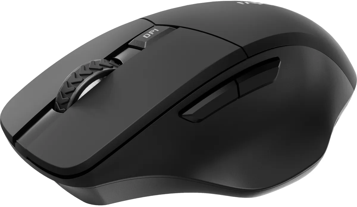 Un mouse per computer nero con una rotella di scorrimento e un pulsante DPI.