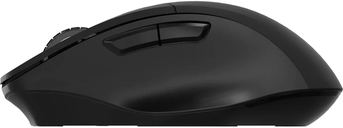 Mouse per computer nero, vista laterale con pulsanti e rotella di scorrimento.