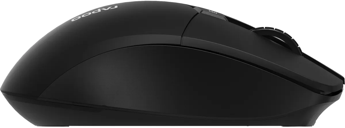 Un mouse per computer nero. Il mouse è visto di lato.