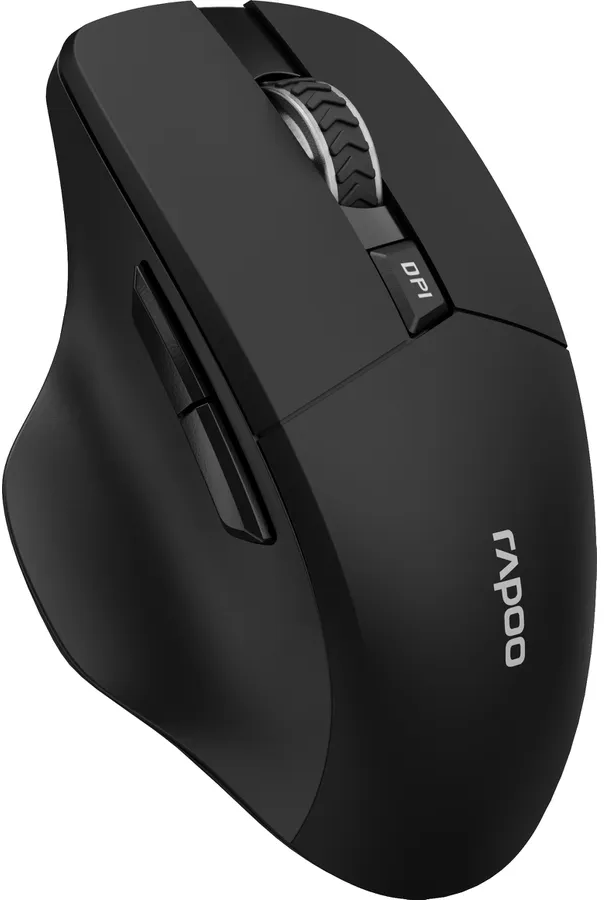 Un mouse Rapoo nero, che mostra la parte superiore con una rotella, il pulsante DPI e i pulsanti laterali.