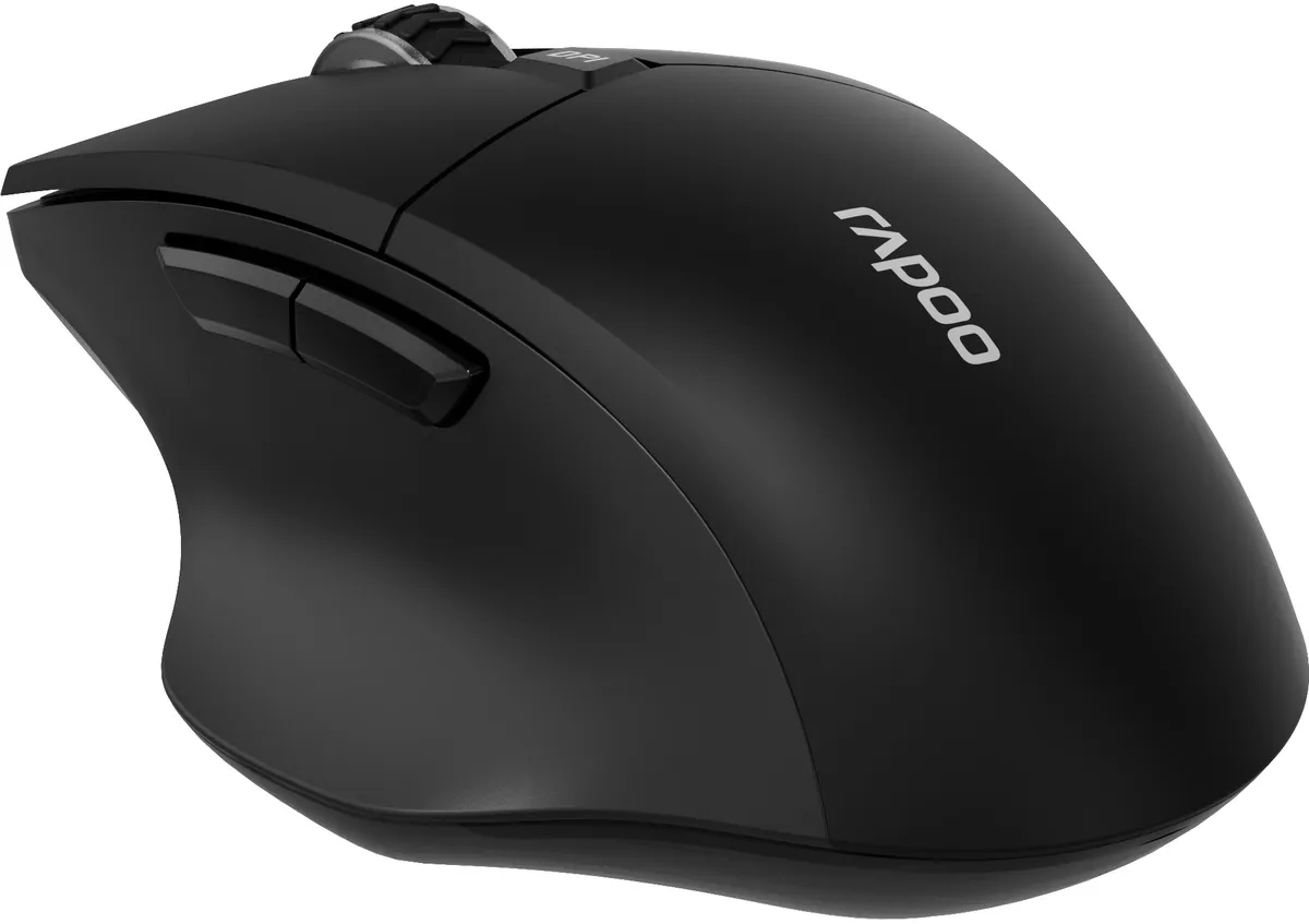 Un mouse per computer nero con il logo Rapoo sul lato.