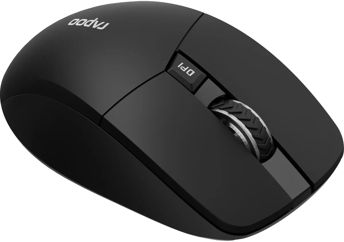 Mouse Rapoo nero con pulsante DPI e rotella di scorrimento. Semplice ed elegante.
