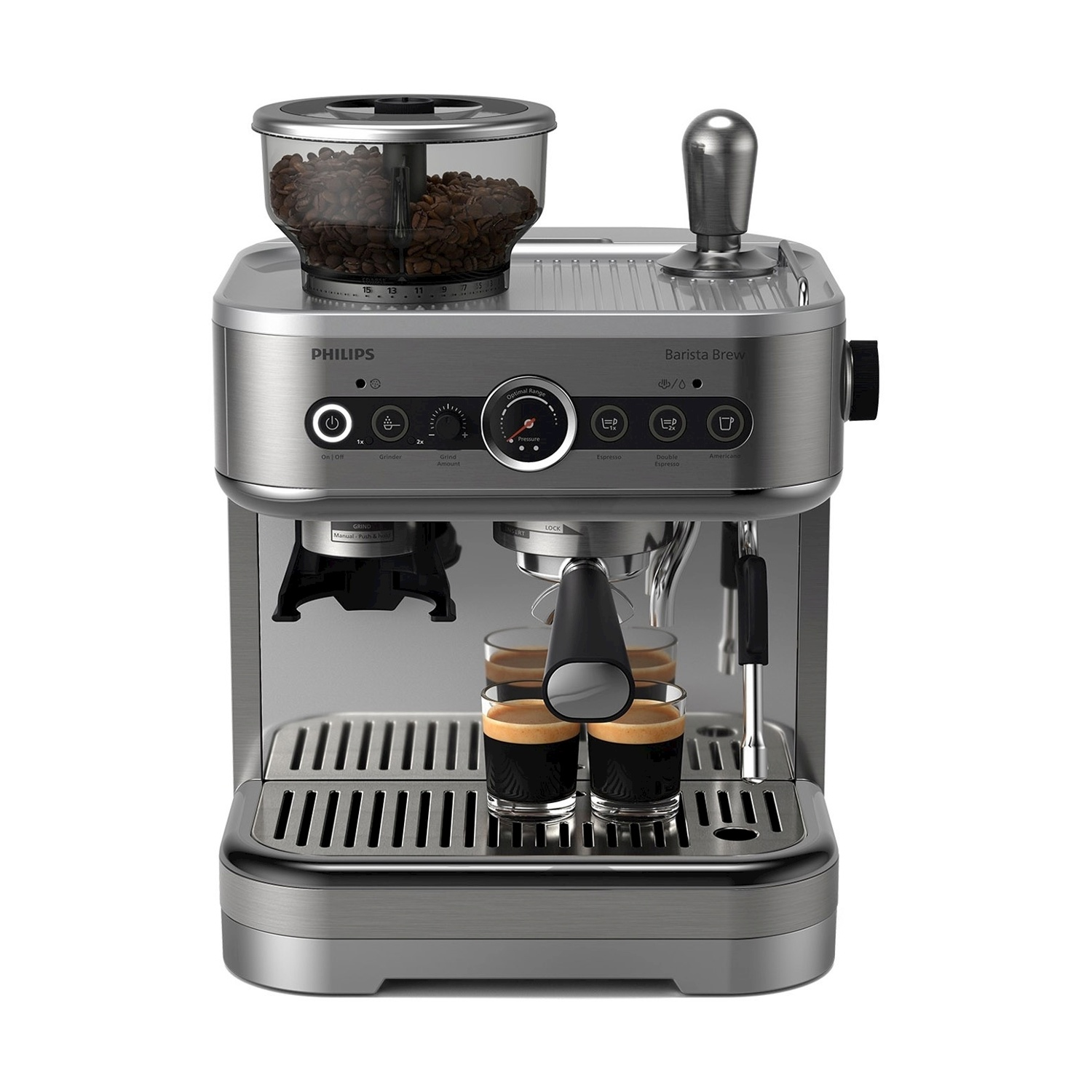 Una macchina per espresso Philips Barista Brew argento e nera con chicchi di caffè e due shot di espresso.