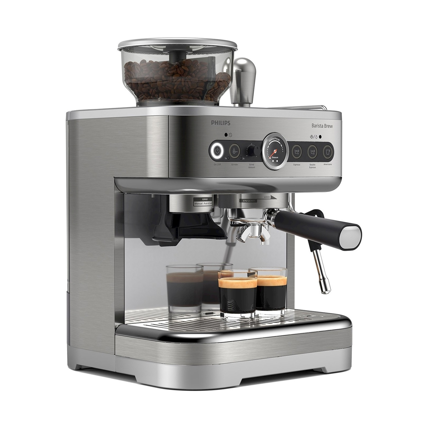 Macchina per espresso Philips Barista Brew argento con serbatoio per chicchi, due espressi e comandi.