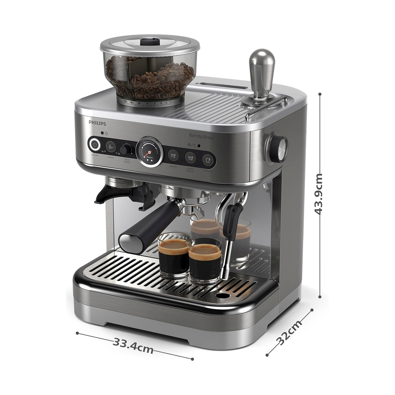 Una macchina per espresso Philips Barista Brew. Dimensioni: 43,9 cm, 33,4 cm, 32 cm.