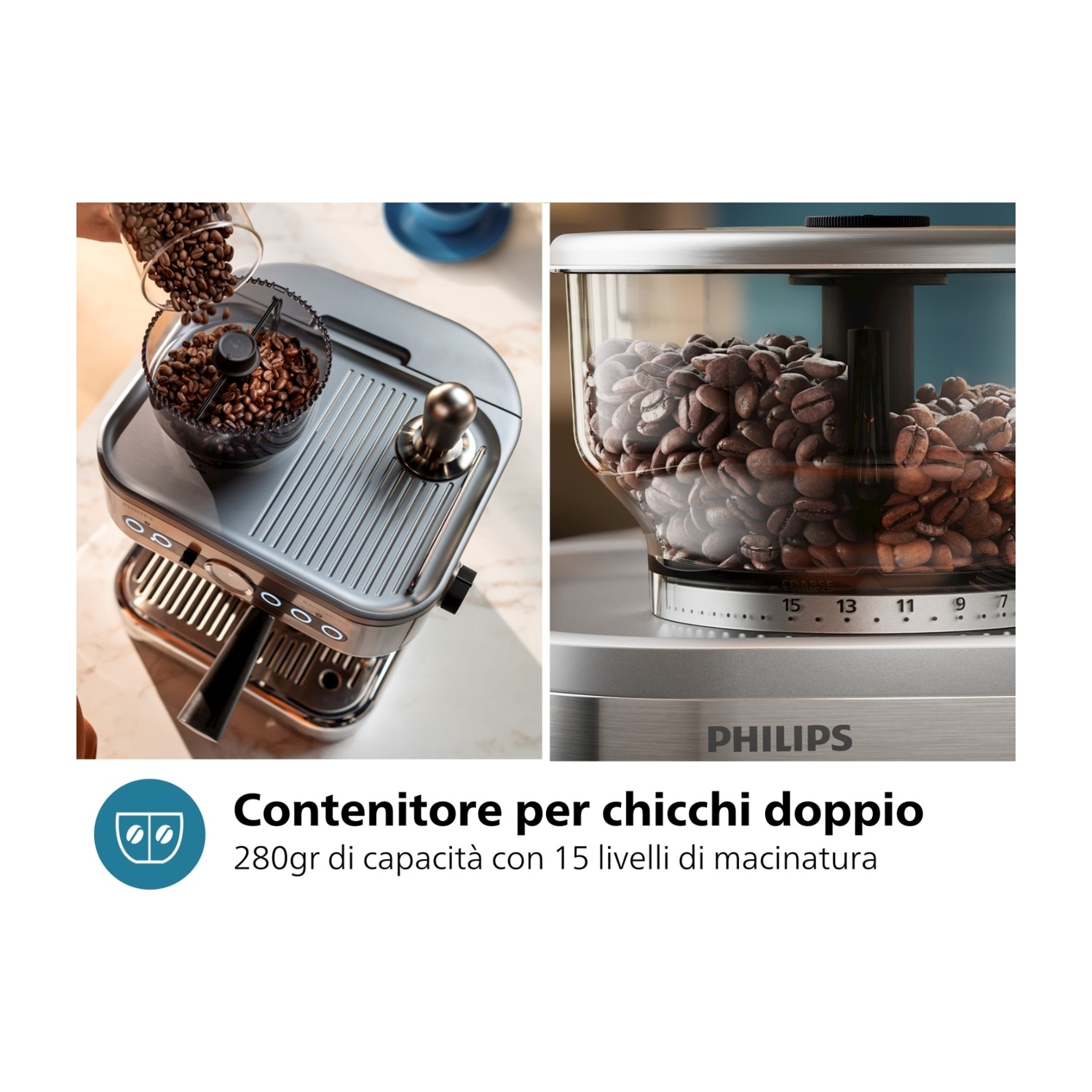 Una macchina da caffè con un doppio contenitore per chicchi che mostra chicchi di caffè e testo in italiano.
