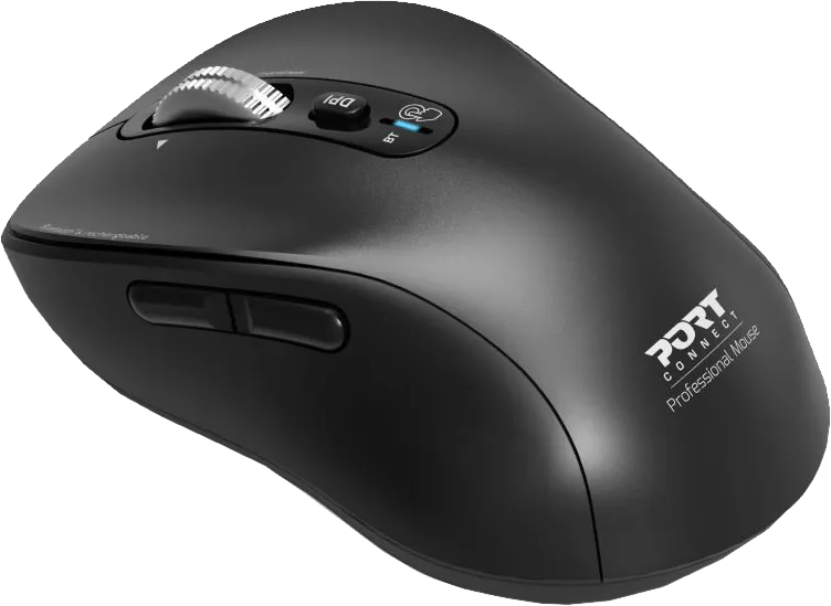 Un mouse nero con una rotella di scorrimento e due pulsanti laterali, su sfondo nero.