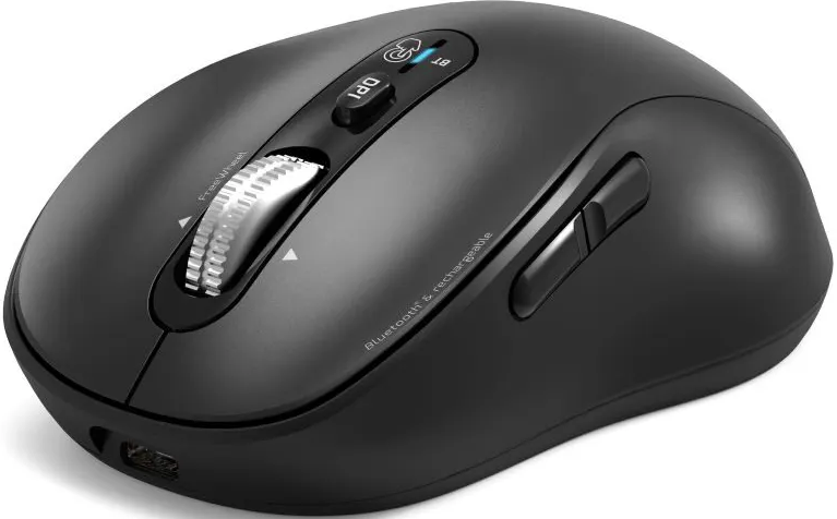 Mouse ergonomico nero con pulsanti e rotella di scorrimento. Dispone di Bluetooth, DPI e porta di ricarica USB.