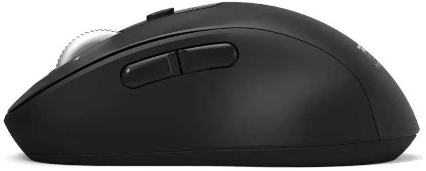 Un mouse nero con due pulsanti e una rotella di scorrimento. Vista laterale.