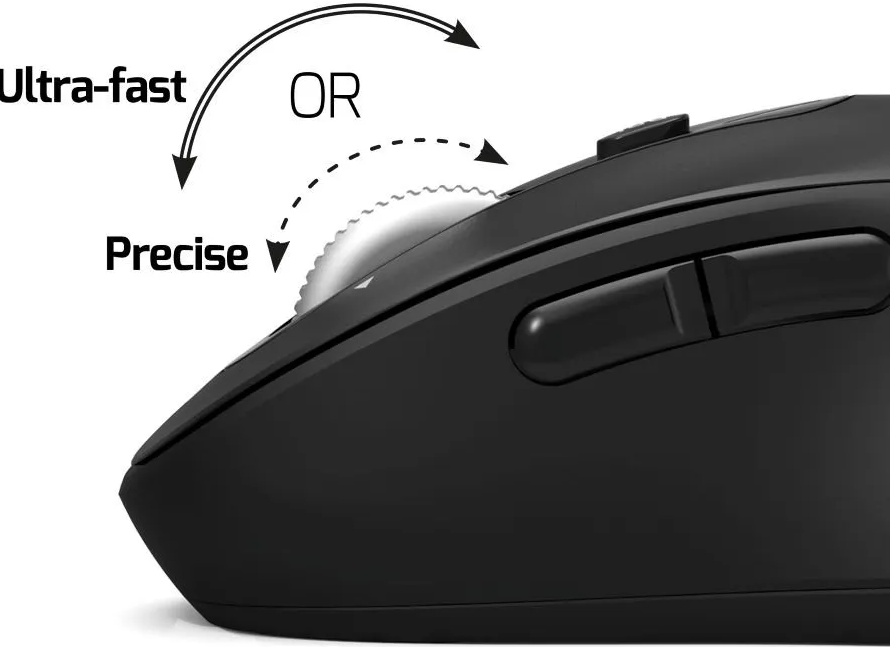 Un mouse per computer nero con una rotella di scorrimento e due pulsanti. Il testo indica una scelta: Ultraveloce o Preciso.