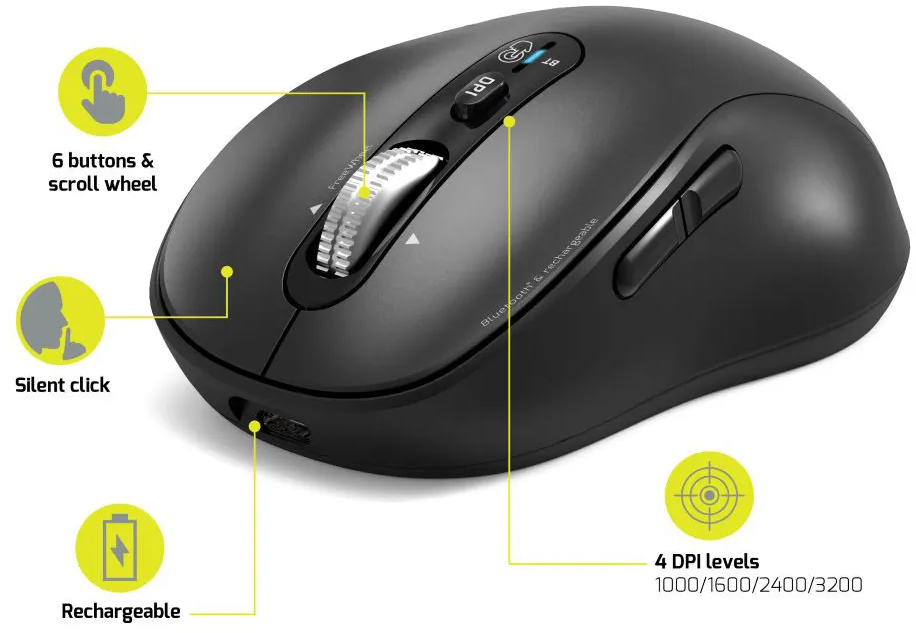 Un mouse per computer nero con pulsanti ed etichette.