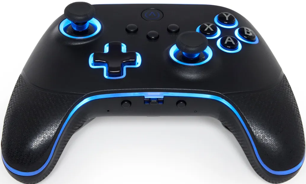 Schwarzer Gaming-Controller mit blauen Lichtakzenten und mehreren Tasten.
