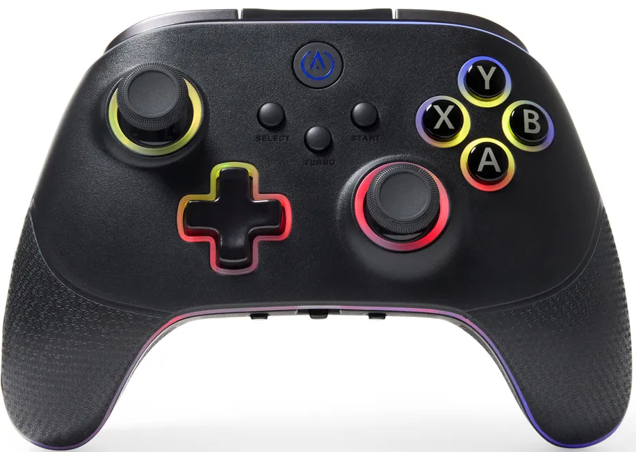 Ein schwarzer Gamecontroller mit bunten, leuchtenden Tasten und Joysticks. Zentrales Logo.