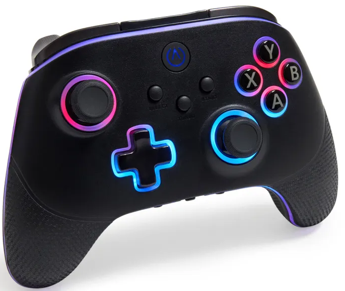 Ein schwarzer Gaming-Controller mit farbigen, hintergrundbeleuchteten Tasten.