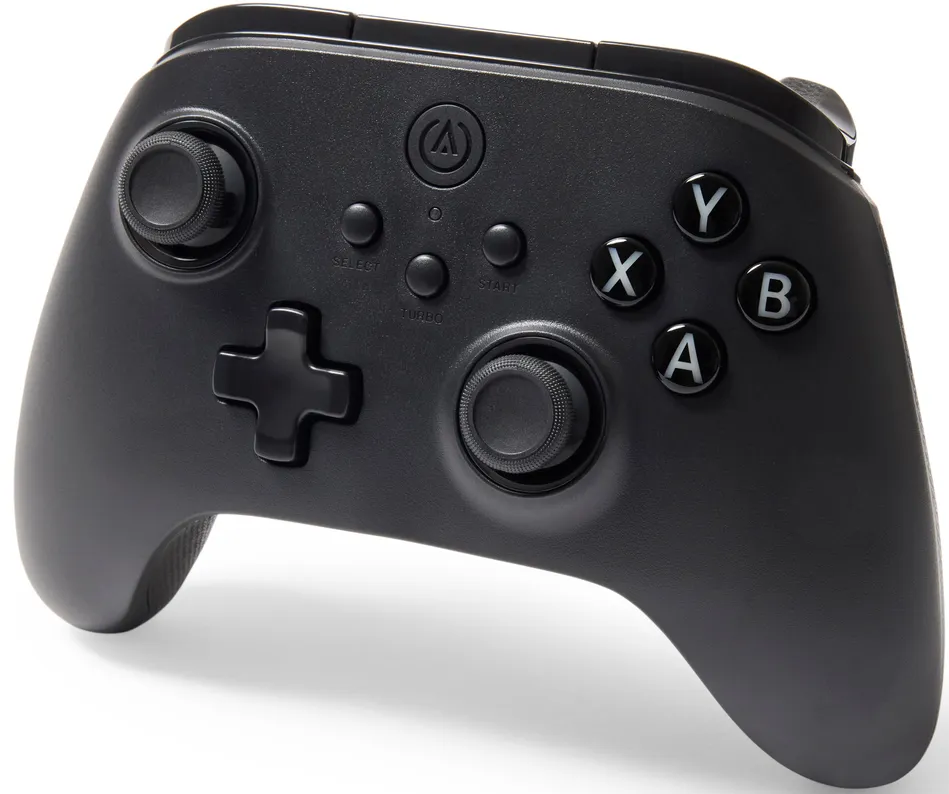 Schwarzer Gamecontroller mit Knöpfen: A, B, X, Y, Select, Start und zwei Joysticks.