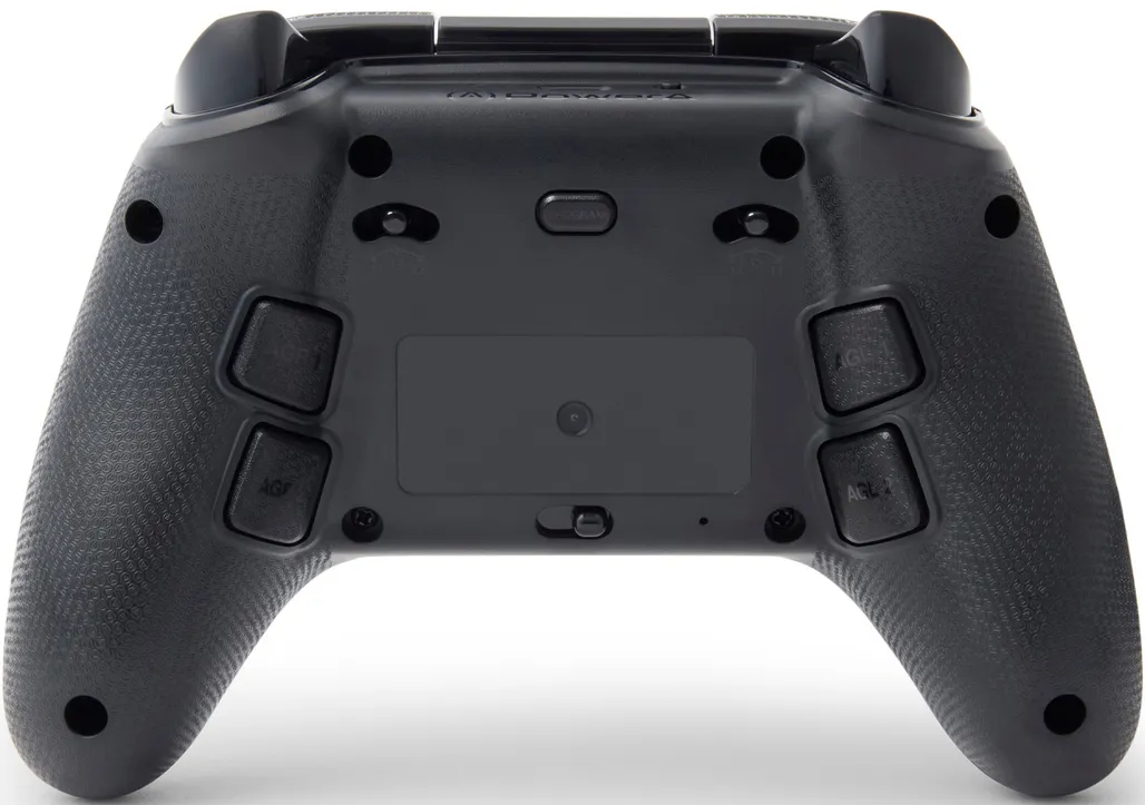 Ein schwarzer Gamecontroller mit Knöpfen und Triggern, von hinten gesehen.