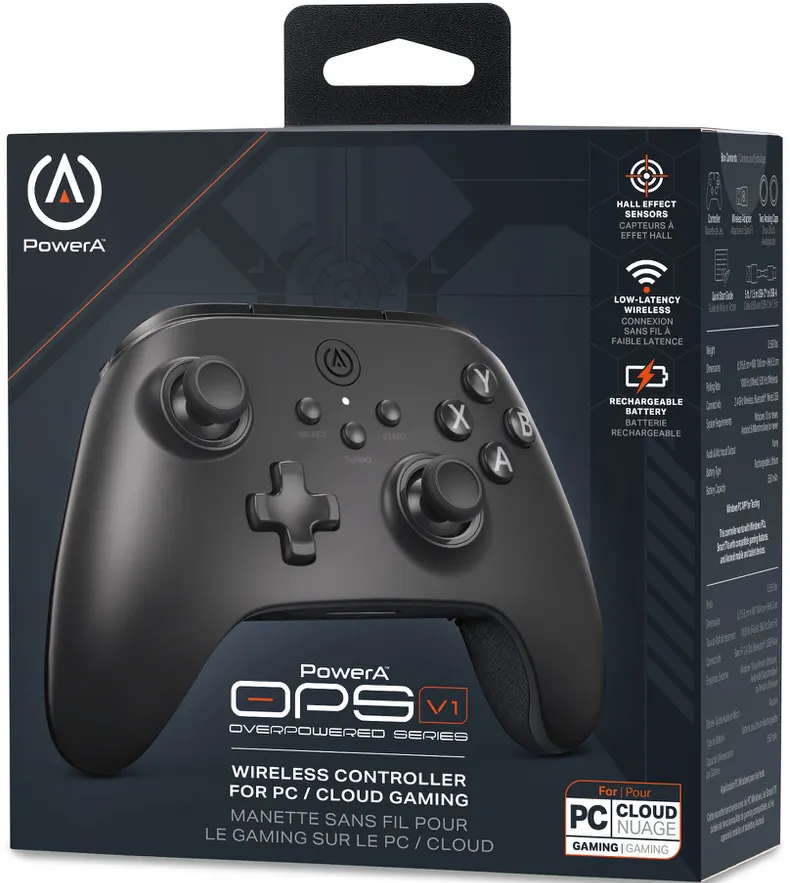 Schwarzer PowerA-Gaming-Controller mit Knöpfen und Joysticks, in der Verpackung gezeigt.