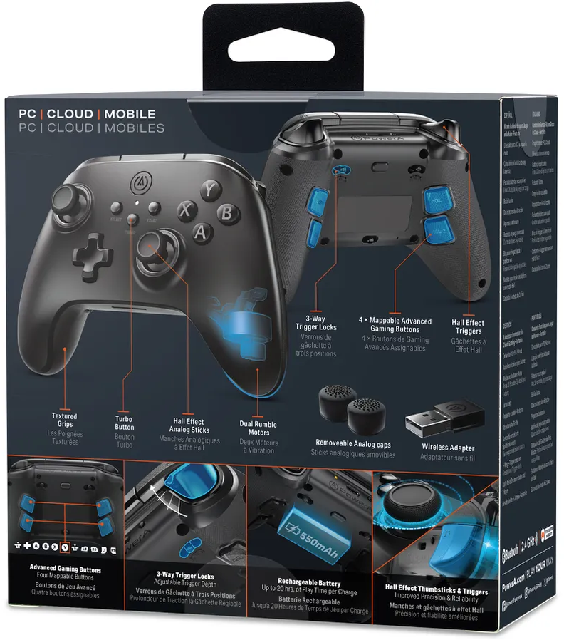 Spielcontroller-Box mit Controller-Bildern und Funktionsbeschreibungen.