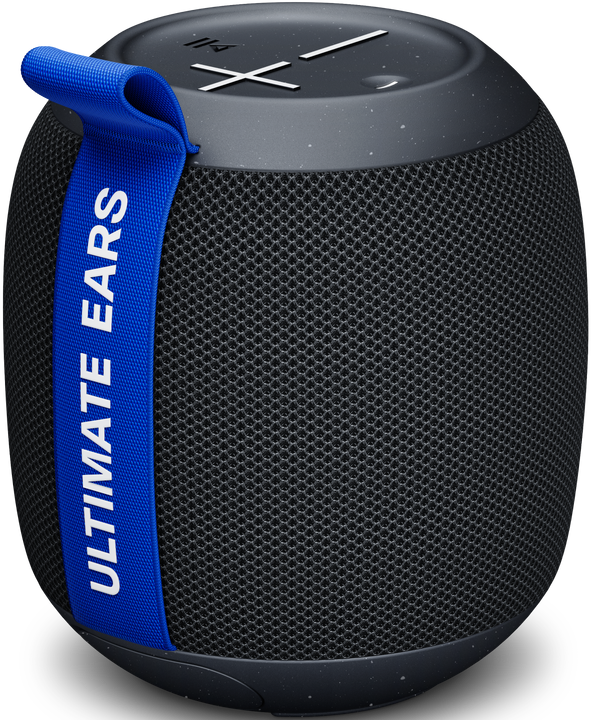 Schwarzer Ultimate Ears Lautsprecher mit blauem Riemen, ovale Form.