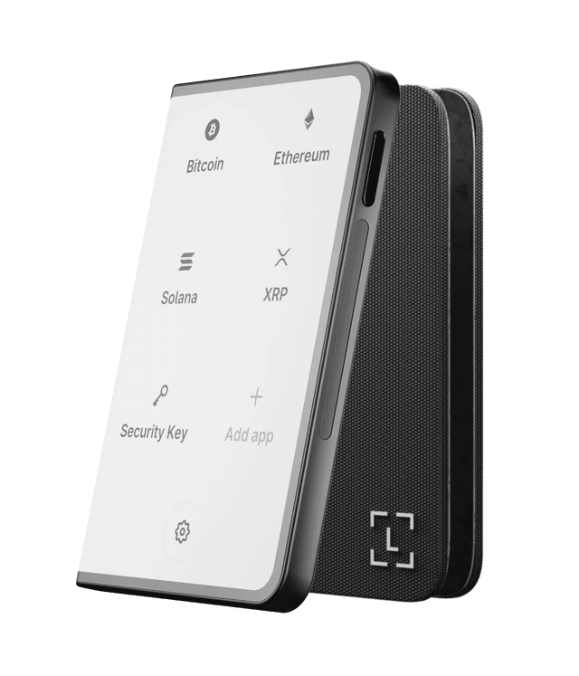 Ein schwarz-weißes Hardware-Wallet für Kryptowährungen, das Bitcoin, Ethereum, Solana und XRP anzeigt.