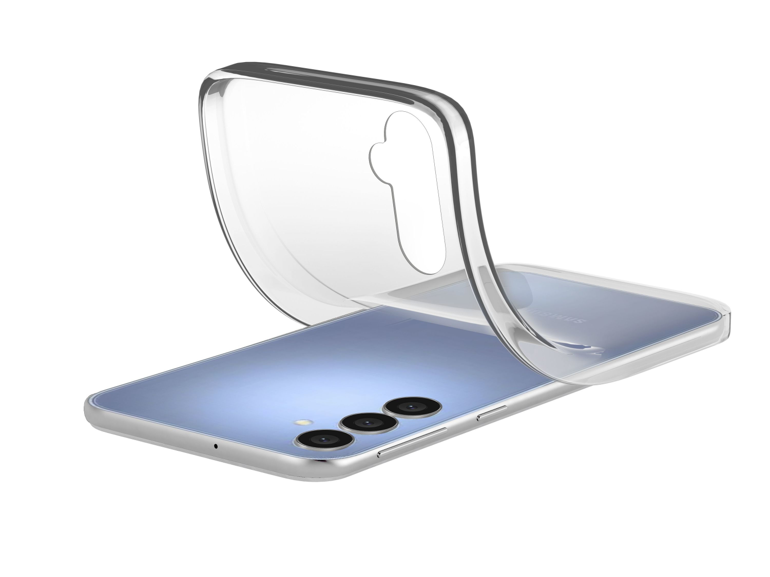 Funda transparente para teléfono que se coloca sobre un teléfono azul. Fondo blanco.