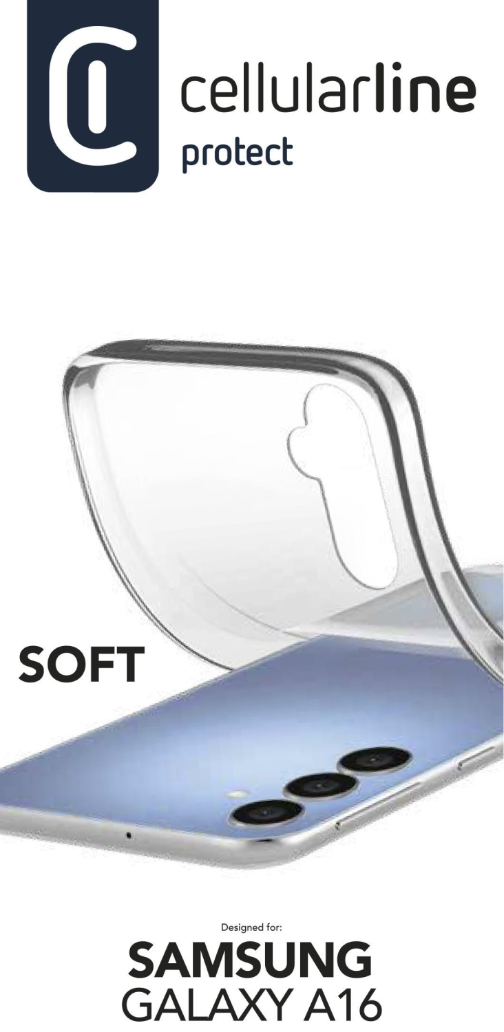 Funda transparente sobre un teléfono azul Samsung Galaxy A16 con la palabra SOFT.
