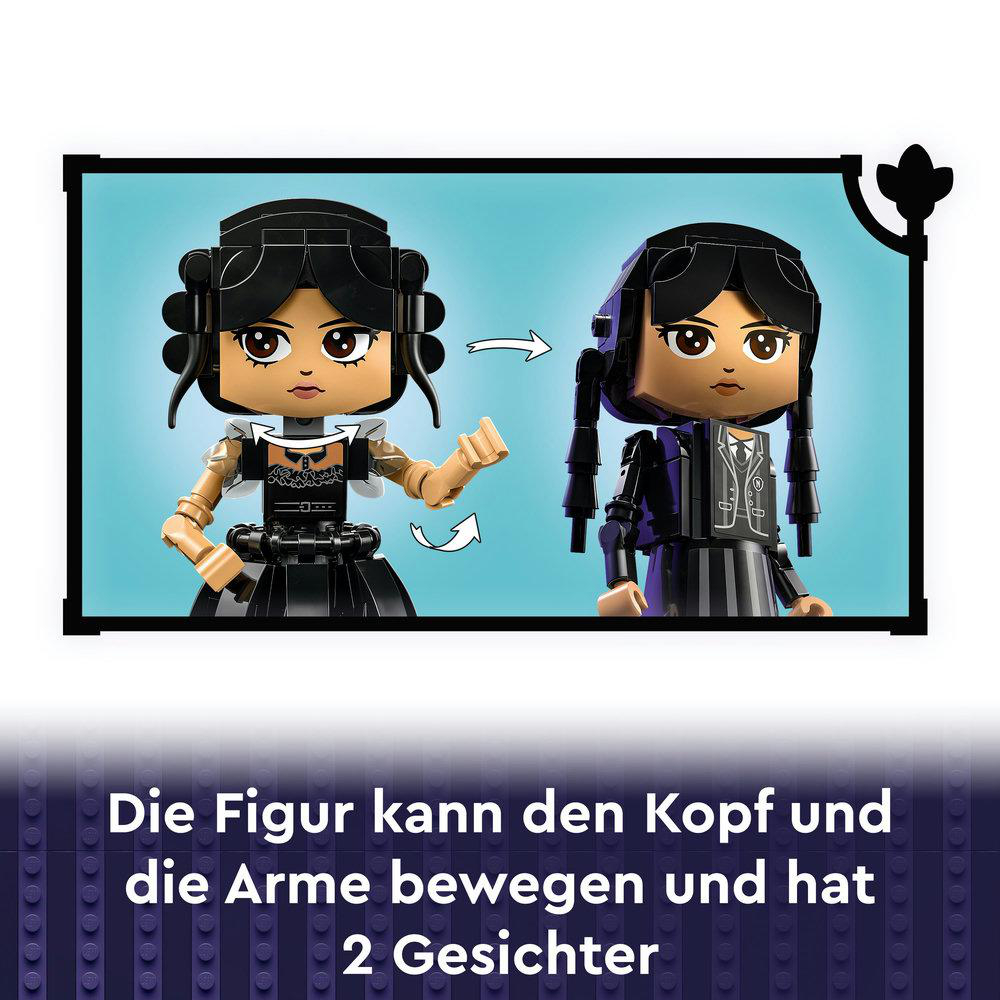 Zwei Lego-Figuren, Mädchen mit Zöpfen, kann Kopf und Arme bewegen, hat zwei Gesichter.