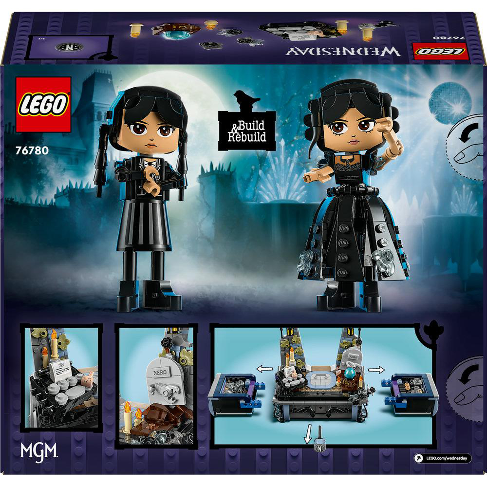 Rückseite einer Lego-Box mit zwei Wednesday Addams Figuren und Ausstellungsstücken.