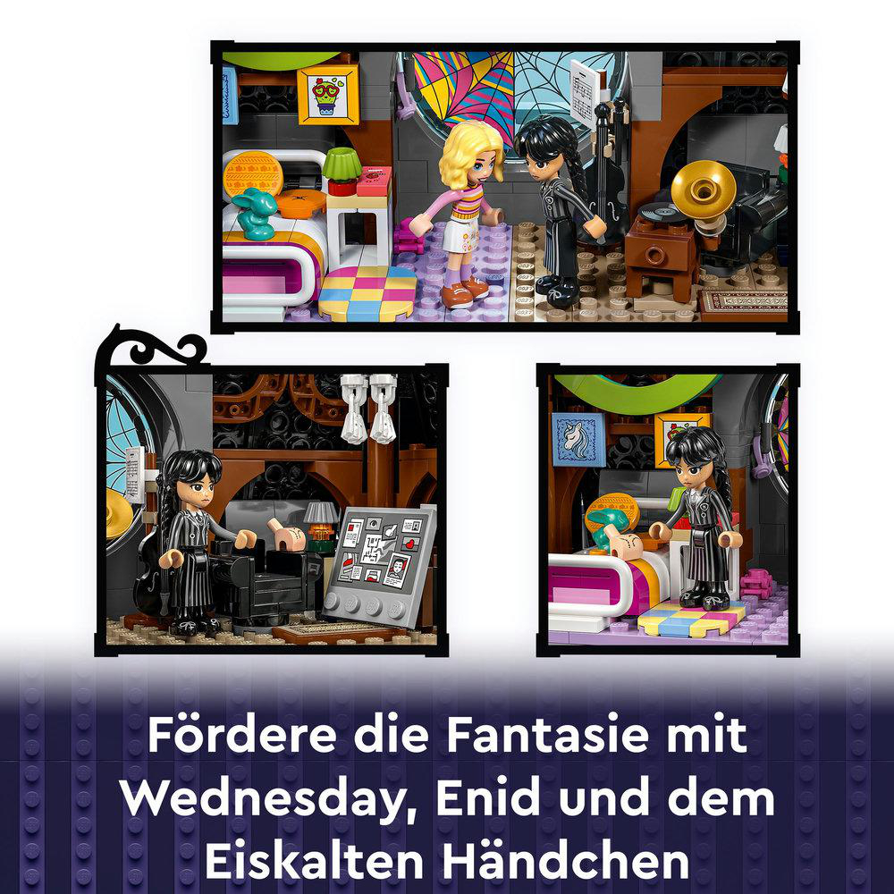 Drei Lego-Szenen mit Charakteren und Schauplätzen aus Wednesday, Enid und der Hand.