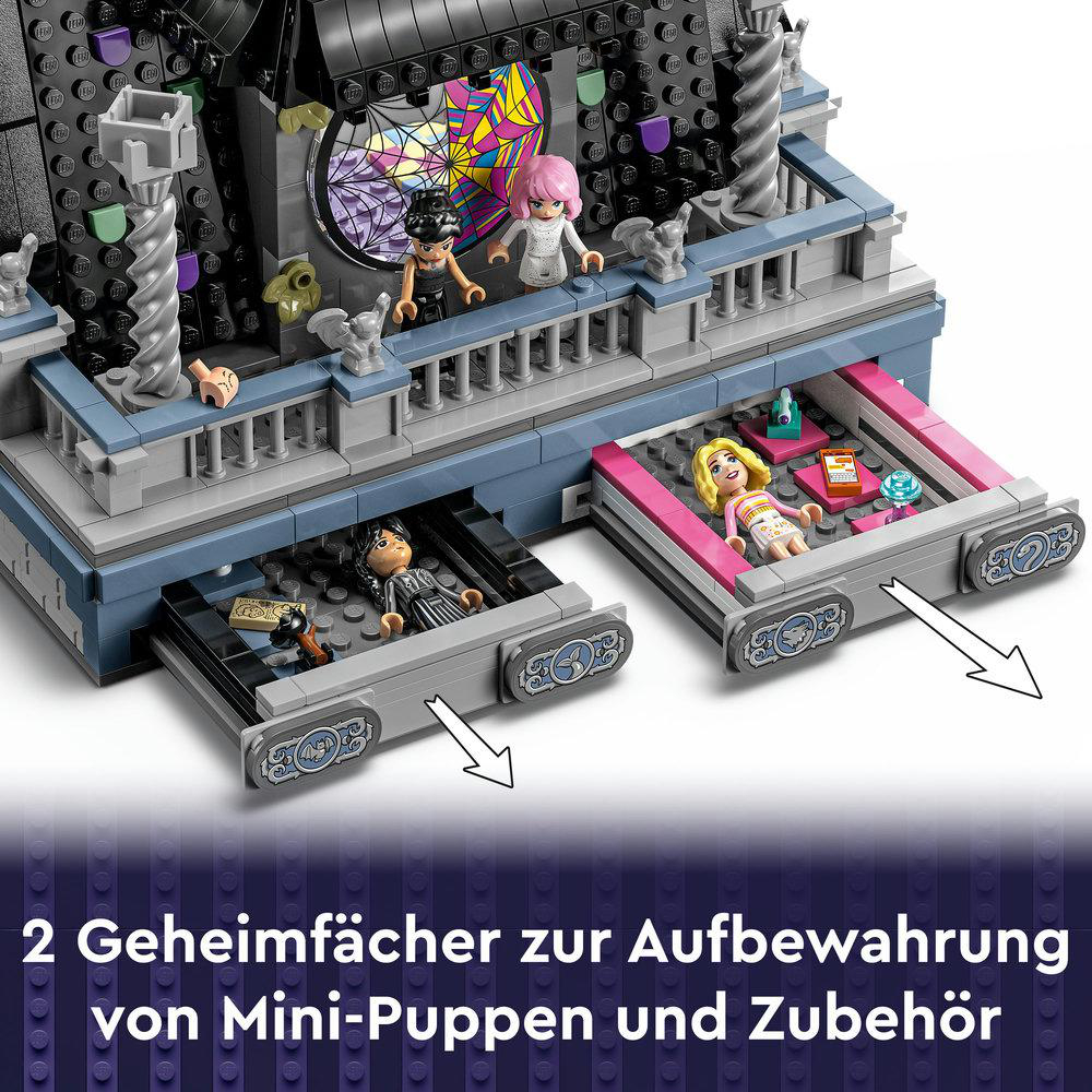 LEGO-Set mit zwei Schubladen, Figuren darin und Text auf Deutsch.